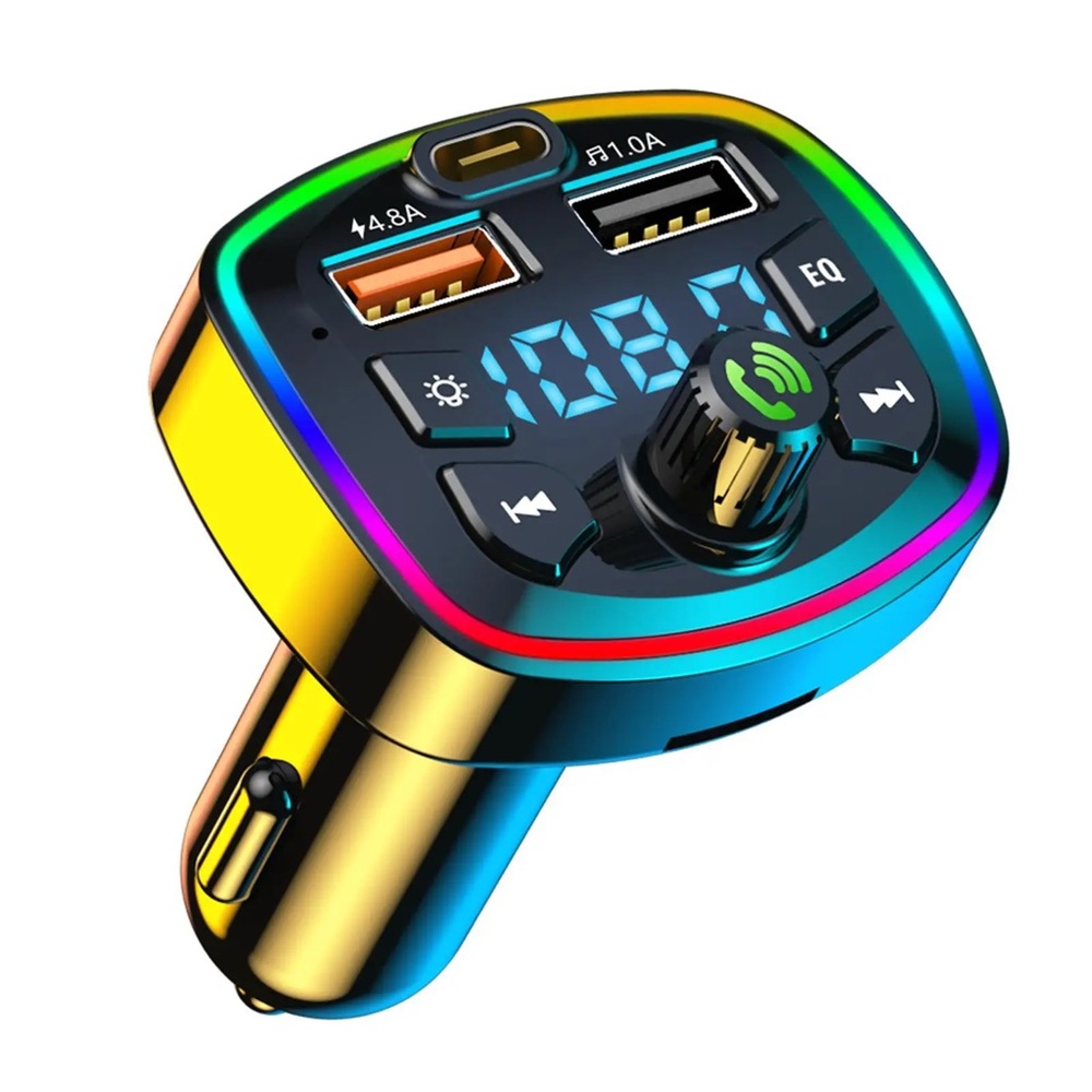 Car Music Bluetooth Car Transmitter, Color LED Lights & Dual USB/Type-C Port